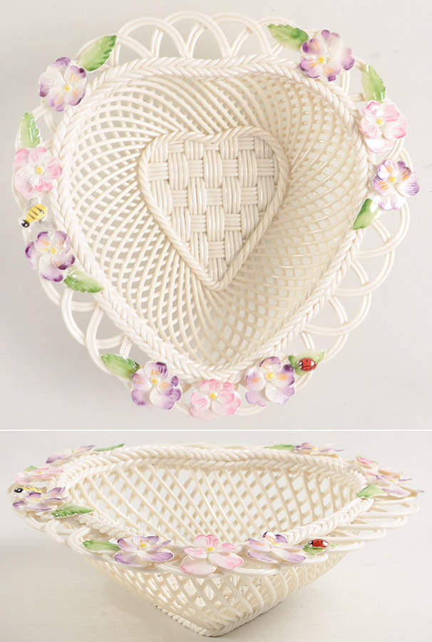 Basketware Violet Heart Basket by Belleek Pottery (Ireland)-1