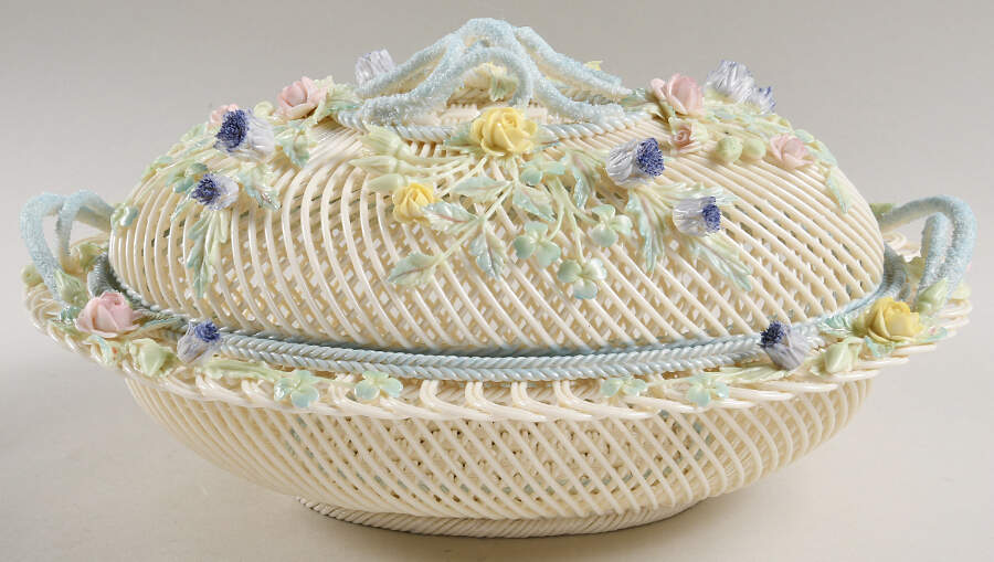 Basketware 12" Oval Covered Basket by Belleek Pottery (Ireland)-1