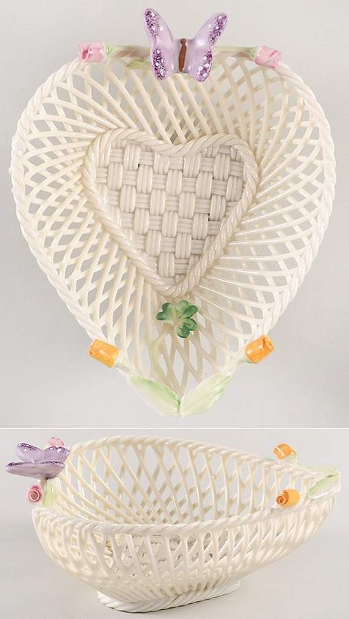 Basketware Rose Bud Heart Basket by Belleek Pottery (Ireland)-1