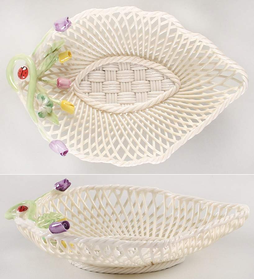 Basketware Rose Bud Leaf Basket by Belleek Pottery (Ireland)-1