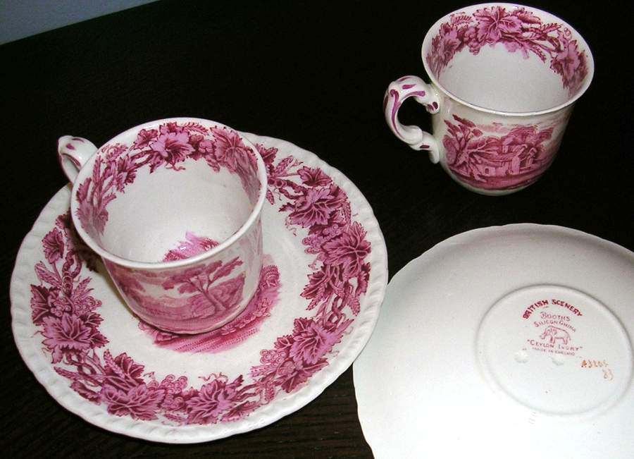 British Scenery Pink (Scalloped, A3206) Flat Demitasse Cup & Saucer Set by Booths-1