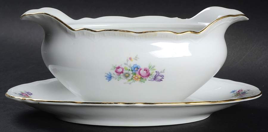 Bouquet (Small Floral, Ribbed Edge) Gravy Boat with Attached Underplate by Bohemia Ceramic Works-1