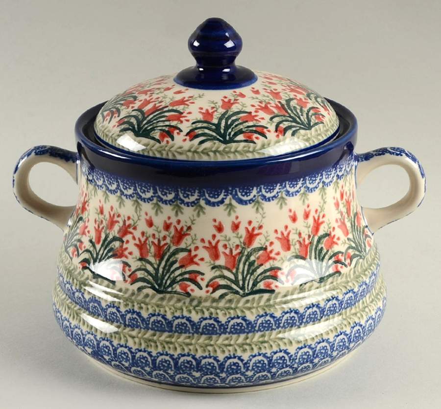 Red Tulip Bean Pot & Lid by BOLESLAWIEC-1