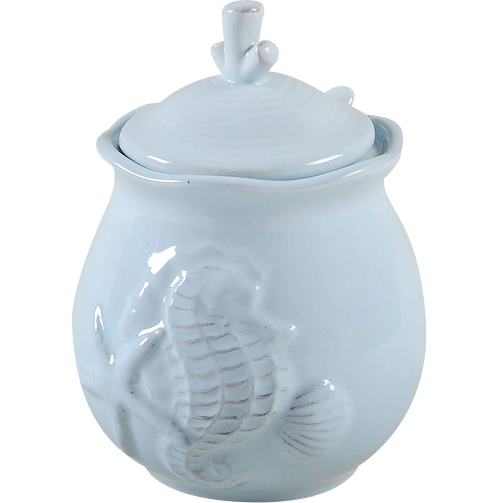 Seahorse and Seashell Menagerie Blue Sugar Bowl & Lid W/Spoon by Blue Sky-1