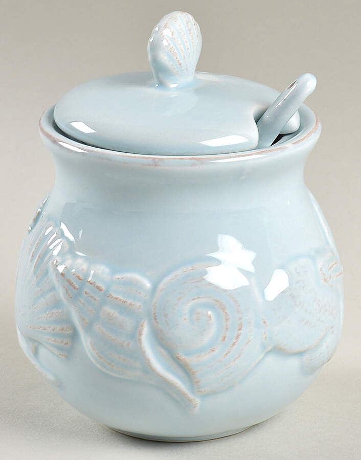 Seahorse and Seashell Menagerie Blue Sugar Bowl & Lid W/Spoon by Blue Sky-1
