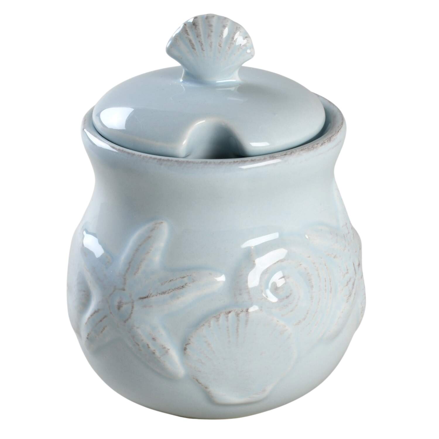Seahorse and Seashell Menagerie Blue Sugar Bowl & Lid by Blue Sky-1