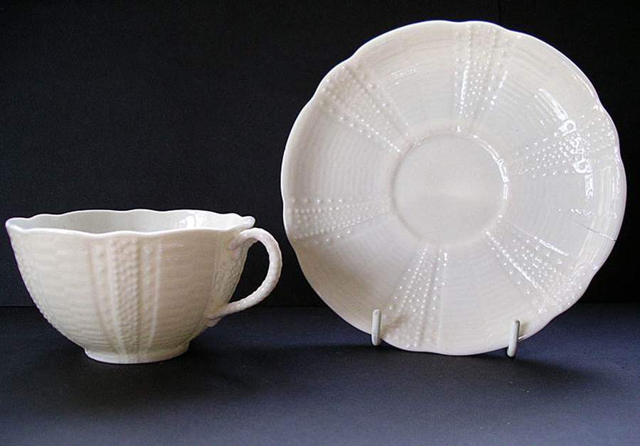 Echinus White Flat Cup & Saucer Set by Belleek Pottery (Ireland)-1