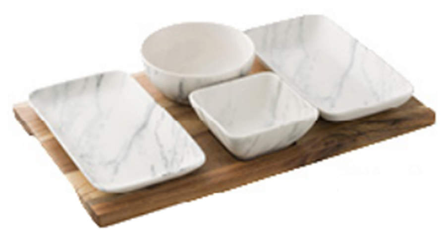 Marbled (4 Piece) Tapas Set with Wood Tray by Belleek Pottery (Ireland)-1