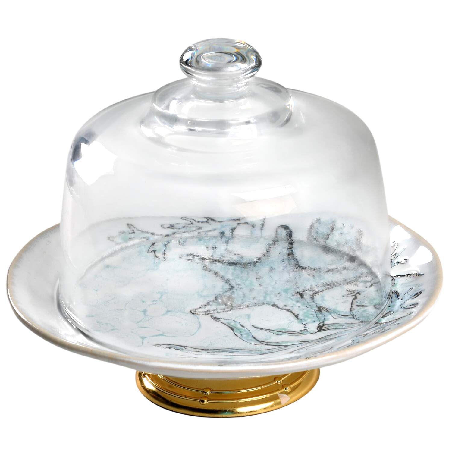 Sea Cove Island 6 1/2"-7 1/2" Footed Cheese Plate w/ Glass Dome HC by Blue Sky-1