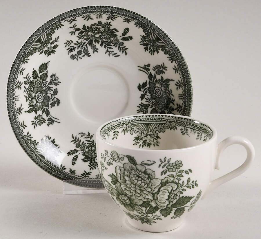 Asiatic Pheasants Green Flat Cup & Saucer Set by Burgess & Leigh-1