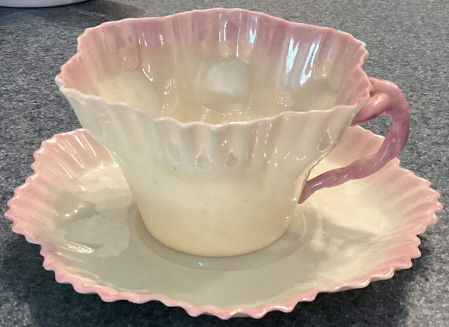 Hexagon-Pink Flat Cup & Saucer Set by Belleek Pottery (Ireland)-1
