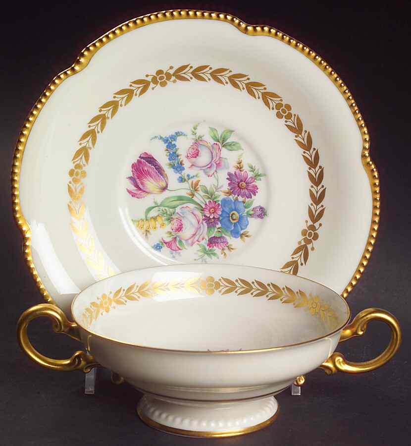 Bellwood Ivory Footed Cream Soup Bowl & Saucer Set by Castleton (USA)-1