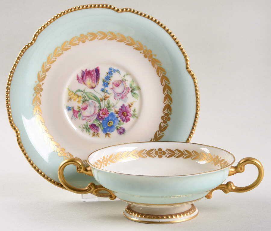 Bellwood Turquoise Footed Cream Soup Bowl & Saucer Set by Castleton (USA)-1