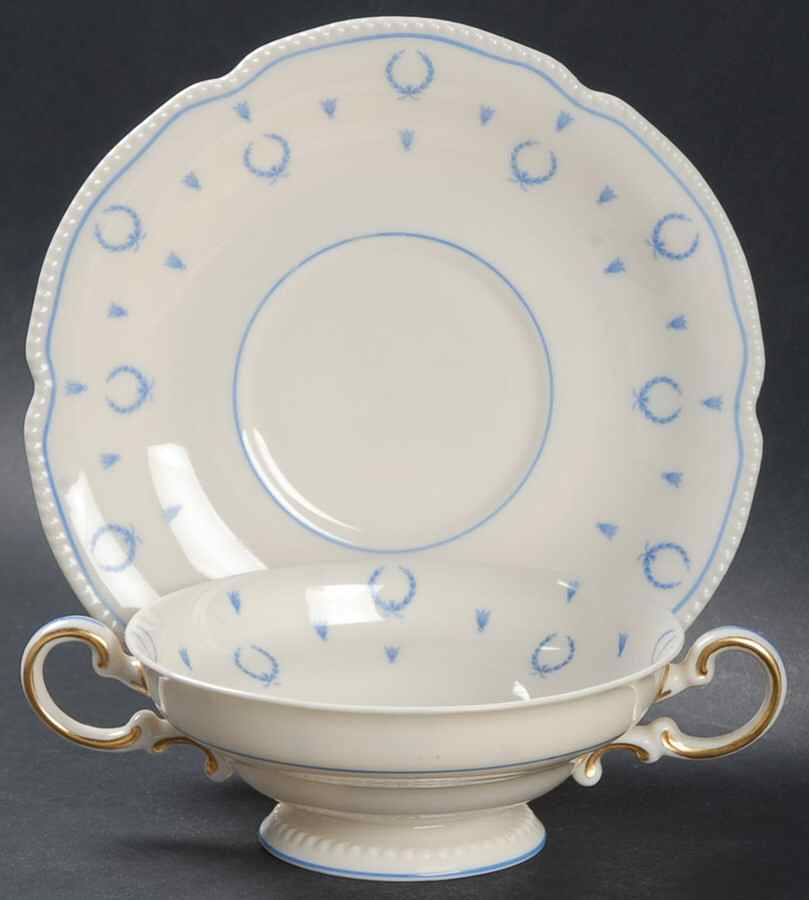 Blue Bow Footed Cream Soup Bowl & Saucer Set by Castleton (USA)-1