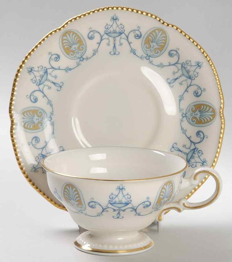 Blue Medallion Footed Cup & Saucer Set by Castleton (USA)-1