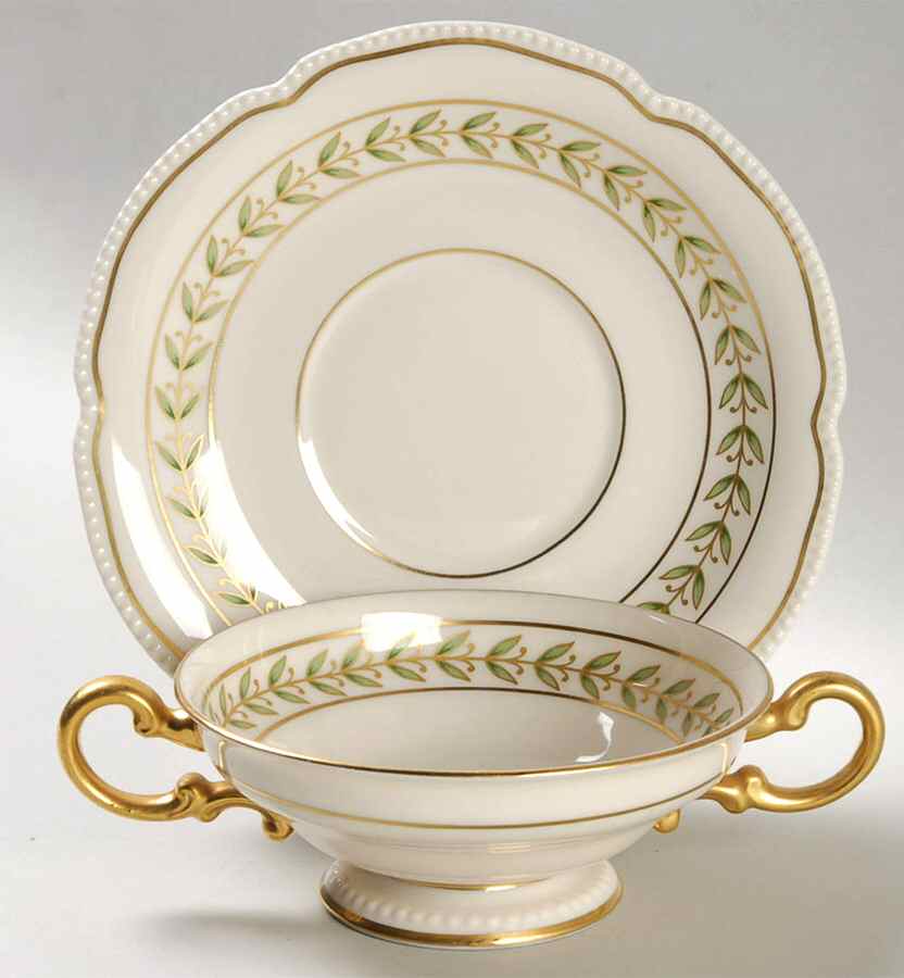 Bristol Green Footed Cream Soup Bowl & Saucer Set by Castleton (USA)-1