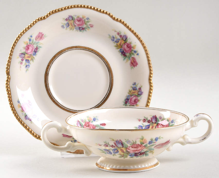 Castleton Rose Footed Cream Soup Bowl & Saucer Set by Castleton (USA)-1