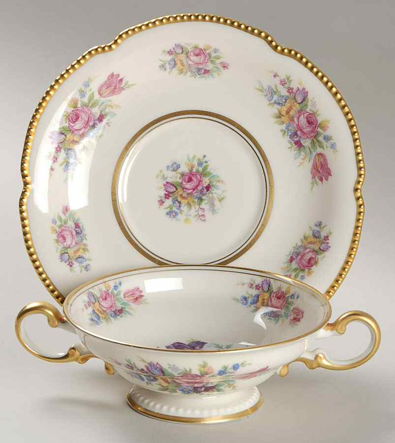 Castleton Rose Footed Cream Soup Bowl & Saucer Set by Castleton (USA)-1