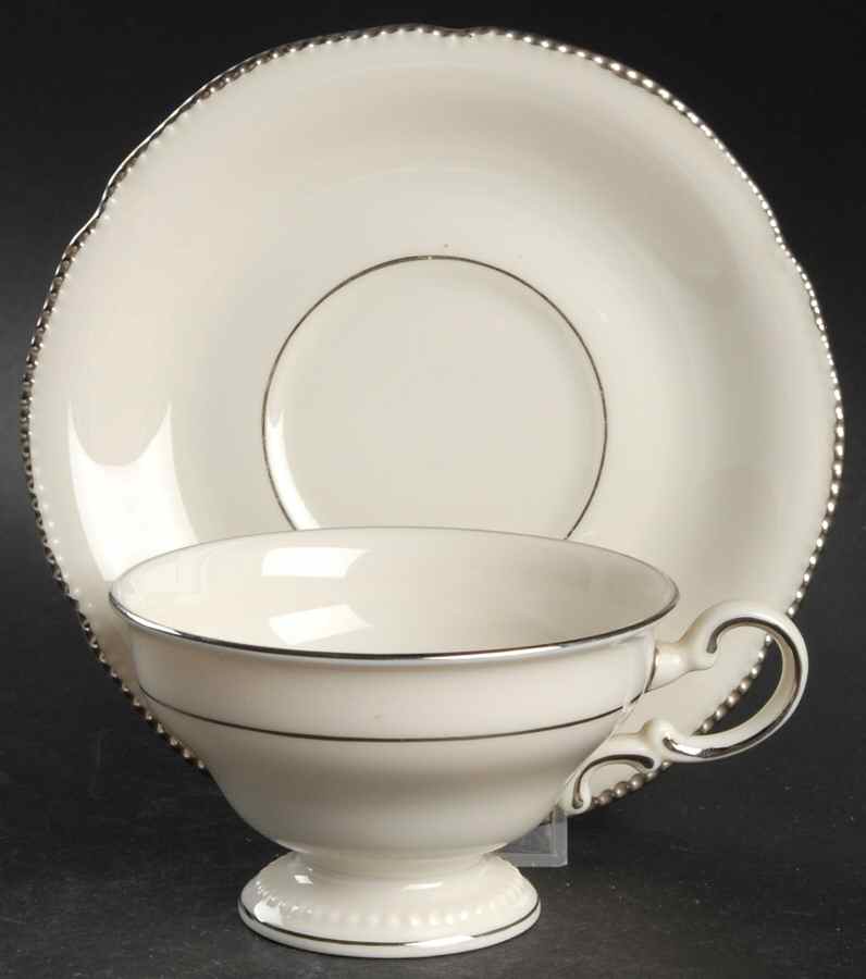 Empire (No Wreath, Platinum Trim) Footed Cup & Saucer Set by Castleton (USA)-1