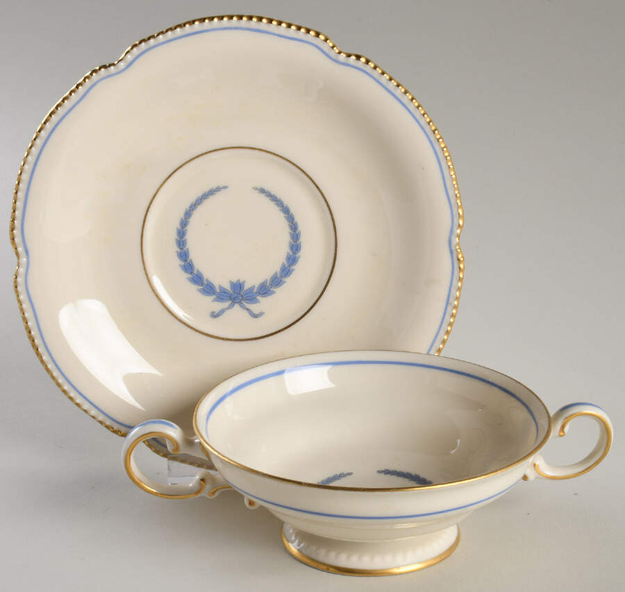 Empire (Blue Wreath, Gold Trim) Footed Cream Soup Bowl & Saucer Set by Castleton (USA)-1