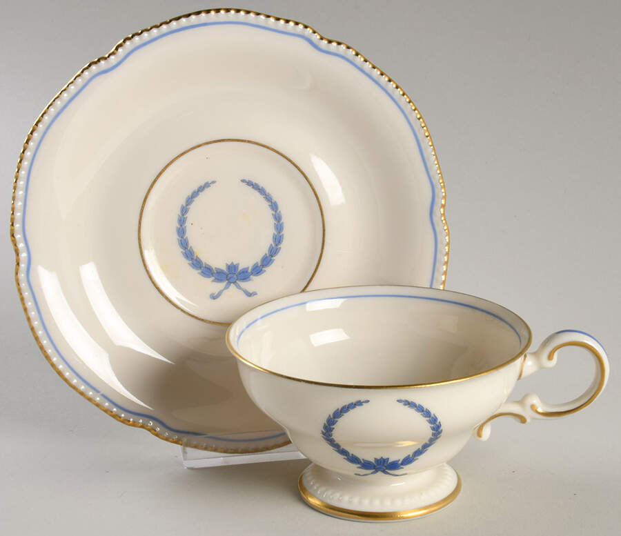 Empire (Blue Wreath, Gold Trim) Footed Cup & Saucer Set by Castleton (USA)-1