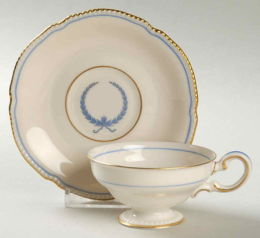 Empire (Blue Wreath, Gold Trim) Footed Demitasse Cup & Saucer Set by Castleton (USA)-1