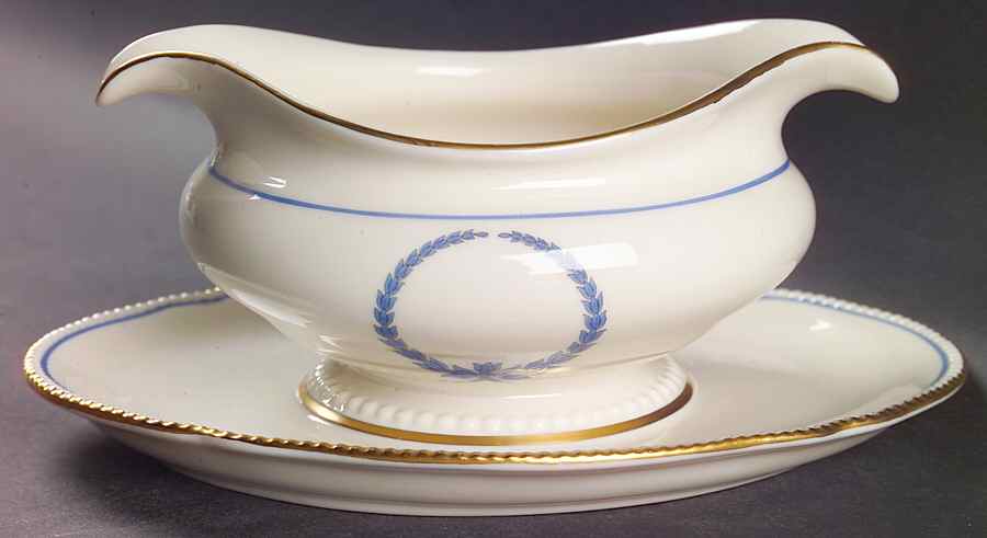 Empire (Blue Wreath, Gold Trim) Gravy Boat with Attached Underplate by Castleton (USA)-1
