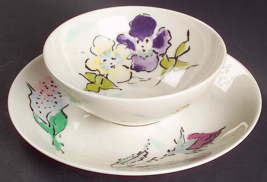 French Garden Flat Cream Soup Bowl & Dessert Plate/Saucer Set by Castleton (USA)-1
