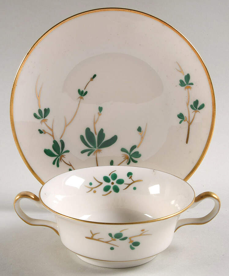 Jade Footed Cream Soup Bowl & Saucer Set by Castleton (USA)-1