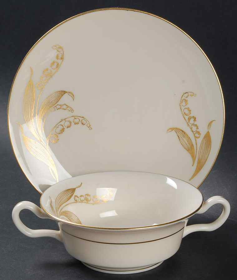 Lily of the Valley Footed Cream Soup Bowl & Saucer Set by Castleton (USA)-1
