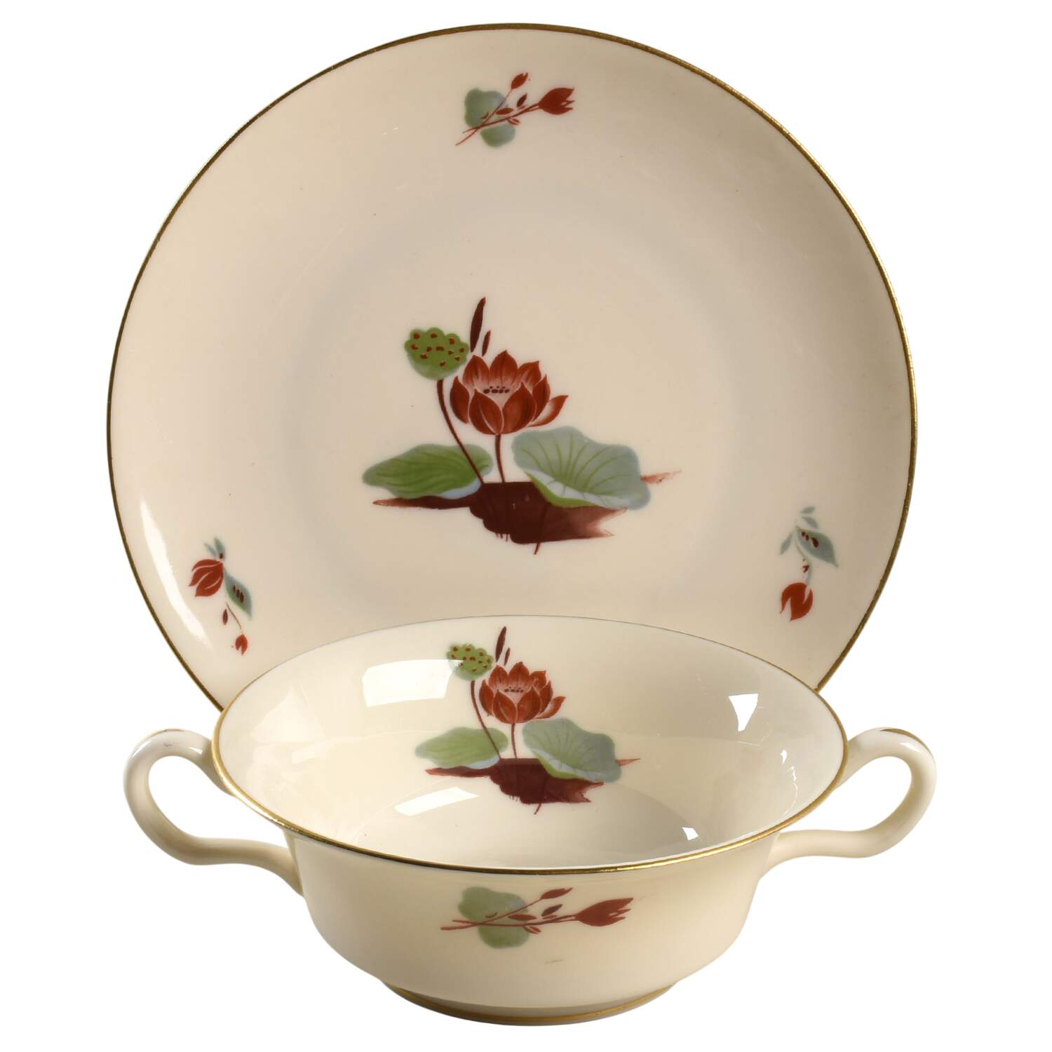 Lotus Flat Cream Soup Bowl & Saucer Set by Castleton (USA)-1