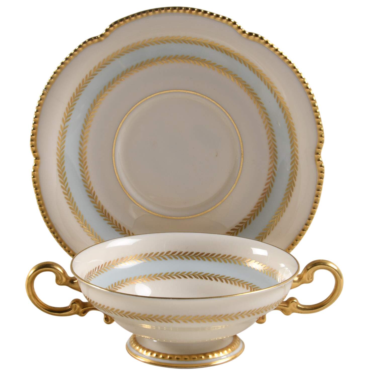 Mercedes Footed Cream Soup Bowl & Saucer Set by Castleton (USA)-1