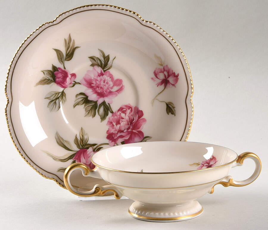 Peony Footed Cream Soup Bowl & Saucer Set by Castleton (USA)-1