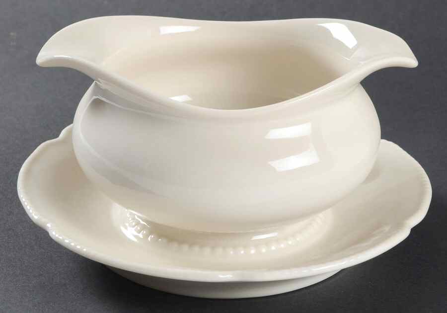 Pearl White Gravy Boat with Attached Underplate by Castleton (USA)-1