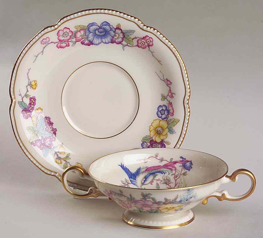 Phoenix Footed Cream Soup Bowl & Saucer Set by Castleton (USA)-1