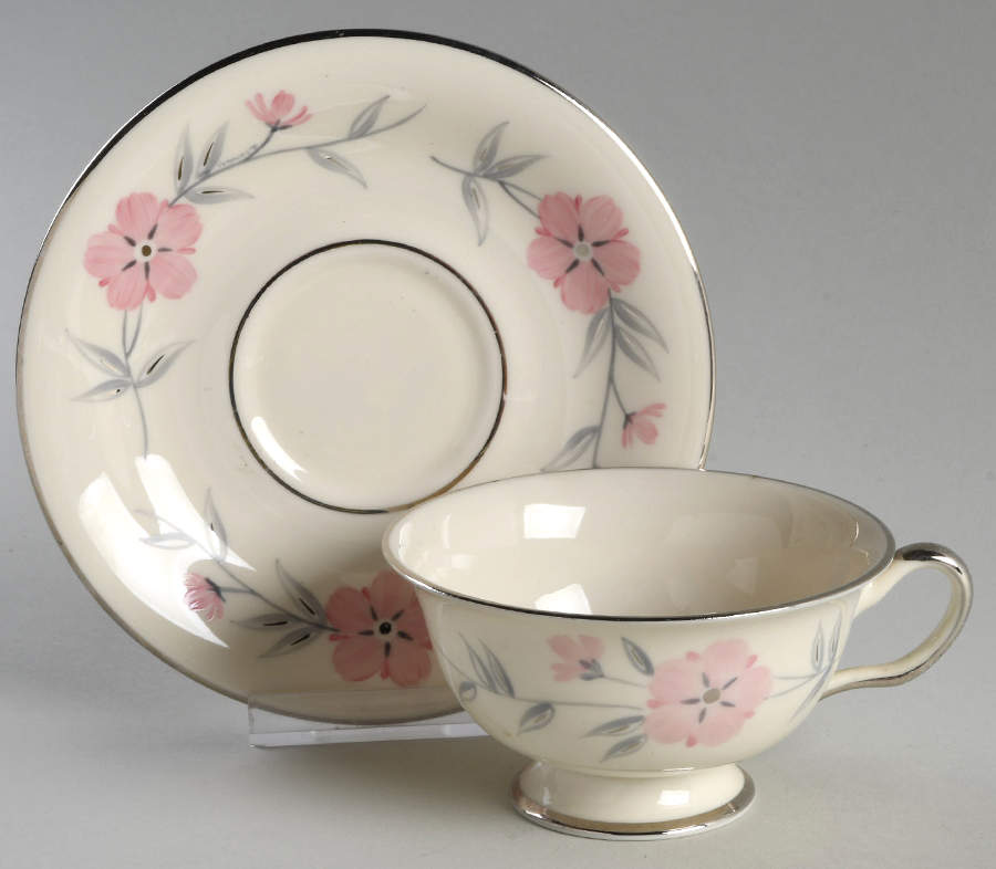 Priscilla (Platinum Trim) Footed Cup & Saucer Set by Castleton (USA)-1