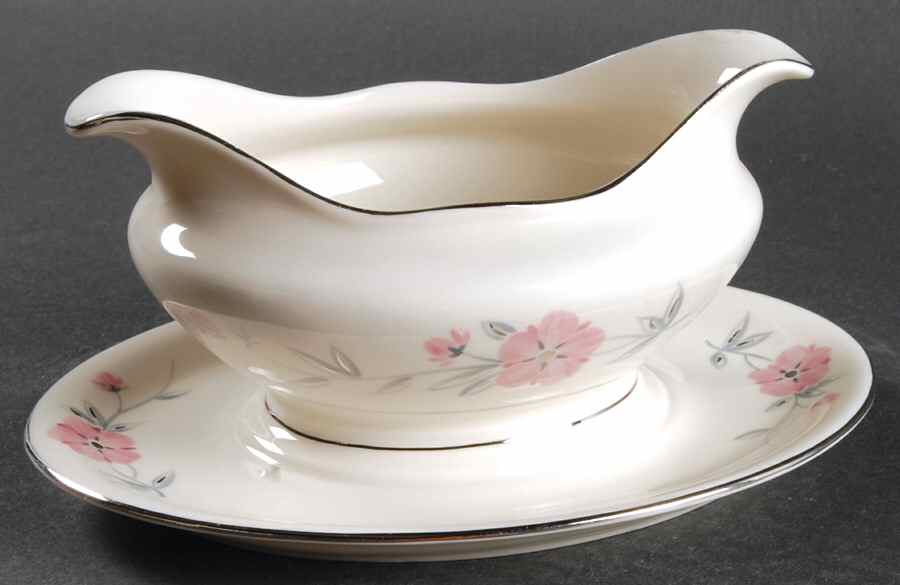 Priscilla (Platinum Trim) Gravy Boat with Attached Underplate by Castleton (USA)-1