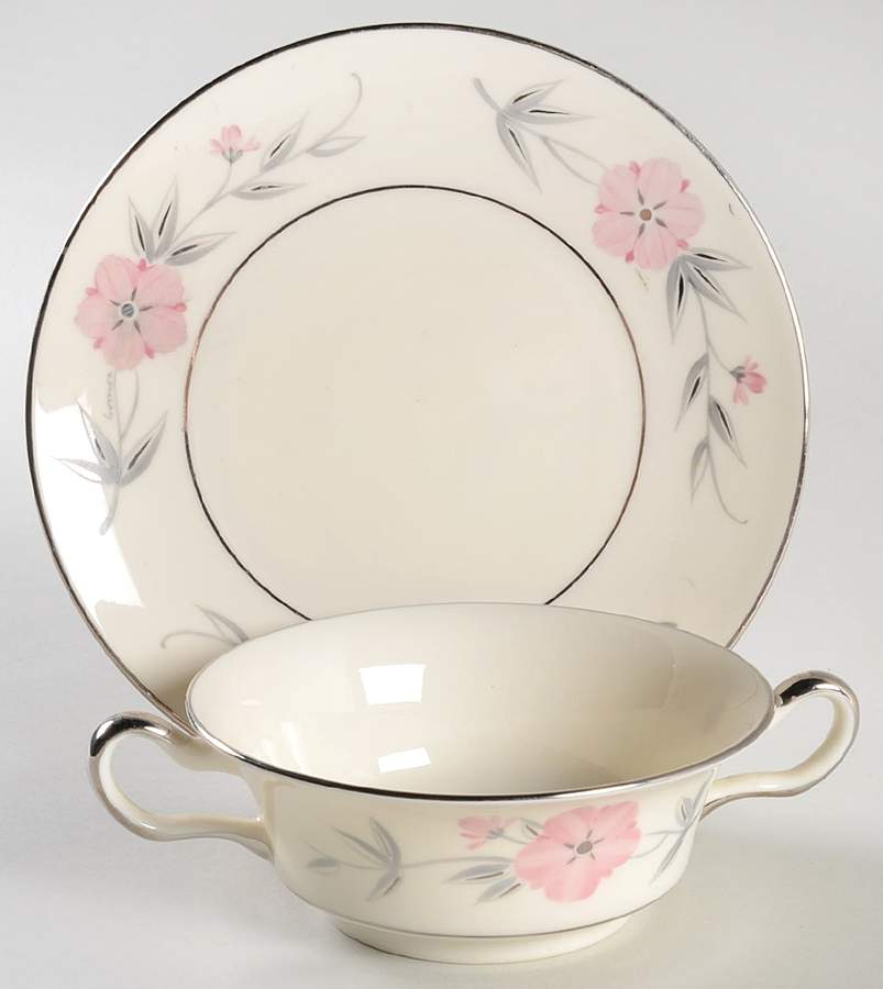 Priscilla (Platinum Trim) Flat Cream Soup Bowl & Saucer Set by Castleton (USA)-1
