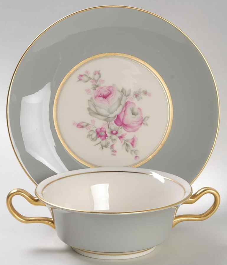 Rosemere Footed Cream Soup Bowl & Saucer Set by Castleton (USA)-1