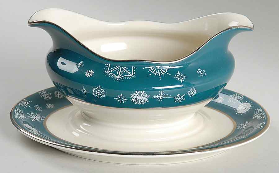 Snowflake Gravy Boat with Attached Underplate by Castleton (USA)-1