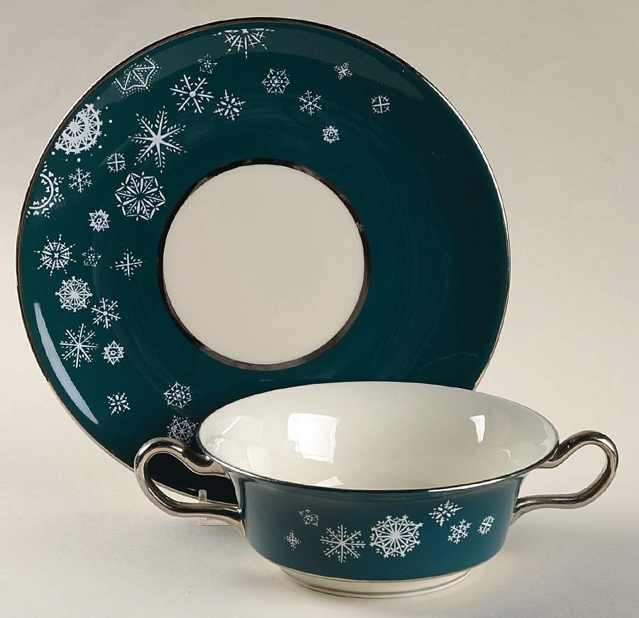 Snowflake Footed Cream Soup Bowl & Saucer Set by Castleton (USA)-1