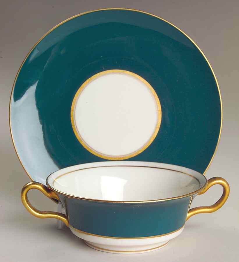 Windermere Green Footed Cream Soup Bowl & Saucer Set by Castleton (USA)-1