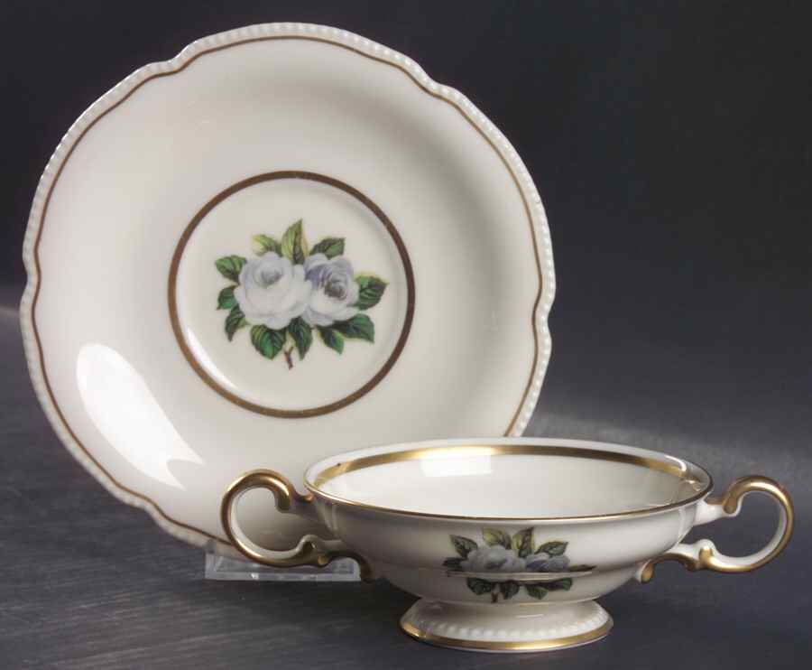 York Rose Footed Cream Soup Bowl & Saucer Set by Castleton (USA)-1