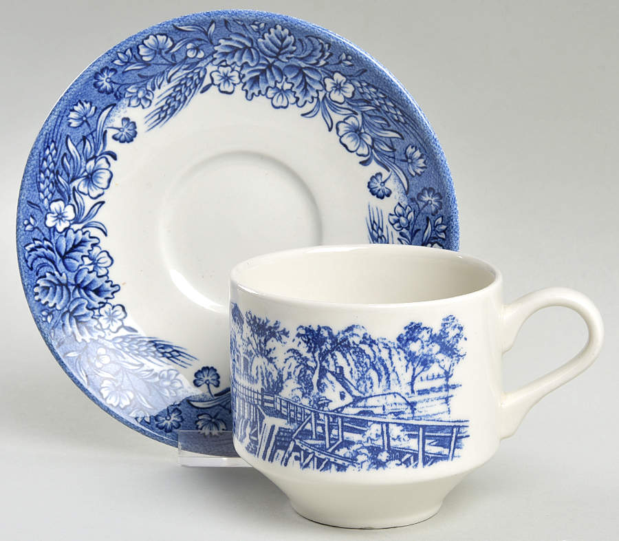 Currier & Ives Blue Flat Cup & Saucer Set by Churchill-1