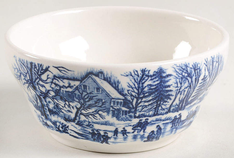 Currier & Ives Blue Sugar Bowl No Lid by Churchill-1