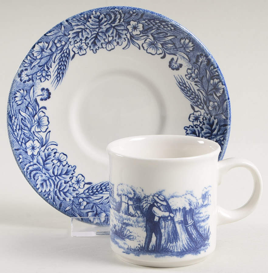 Currier & Ives Blue Flat Demitasse Cup & Saucer Set by Churchill-1