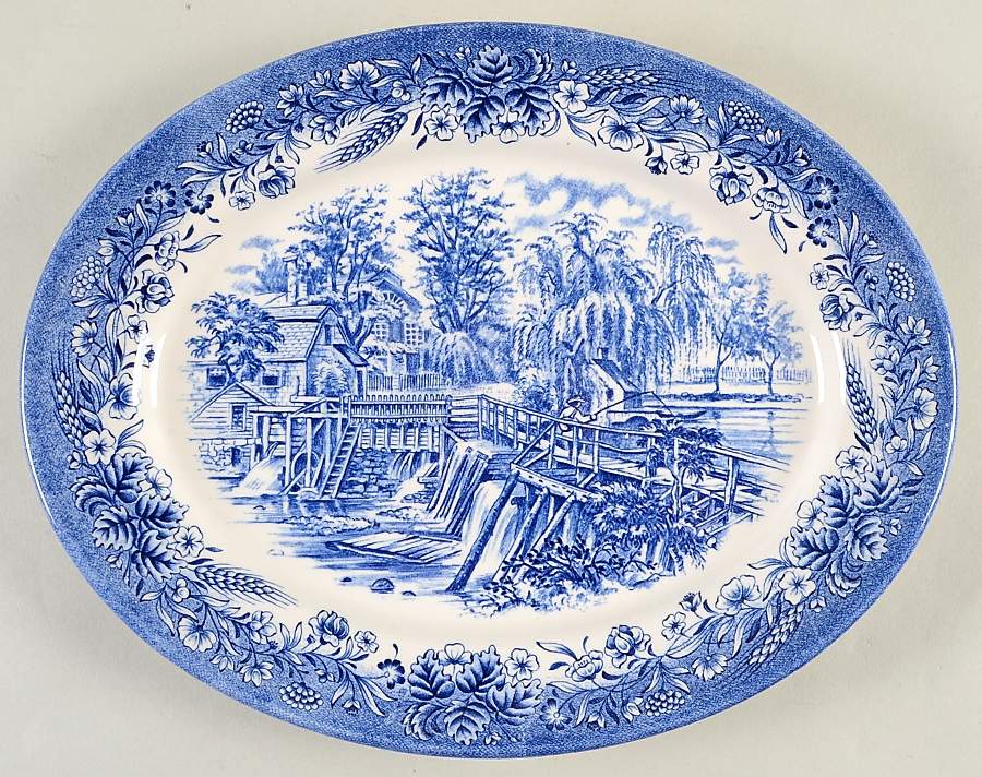Currier & Ives Blue 12" Oval Serving Platter by Churchill-1