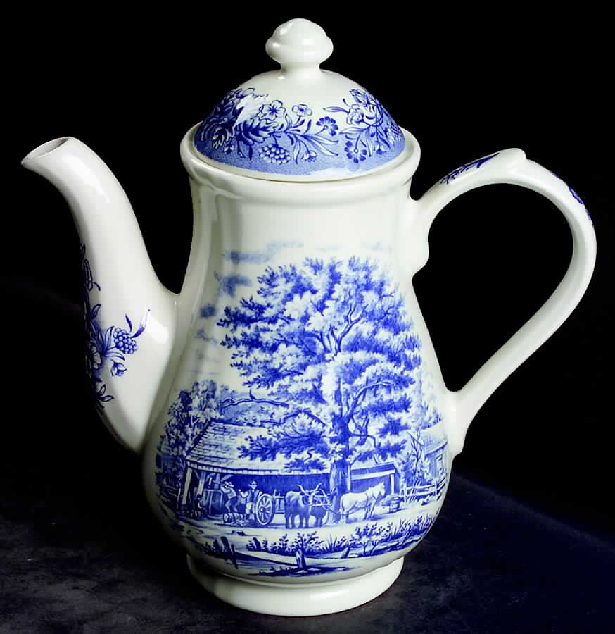 Currier & Ives Blue Coffee Pot & Lid by Churchill-1