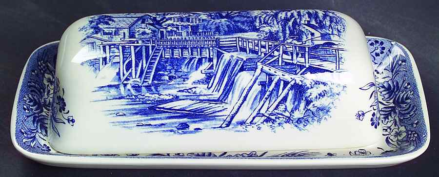 Currier & Ives Blue 1/4 Lb Covered Butter by Churchill-1