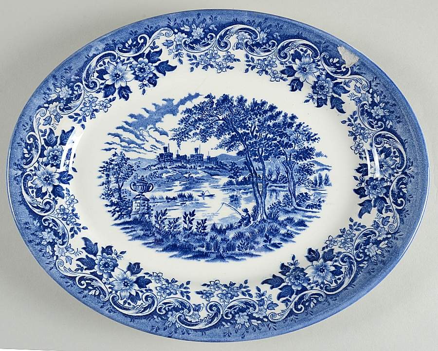 English Scene Blue 12" Oval Serving Platter by Churchill-1